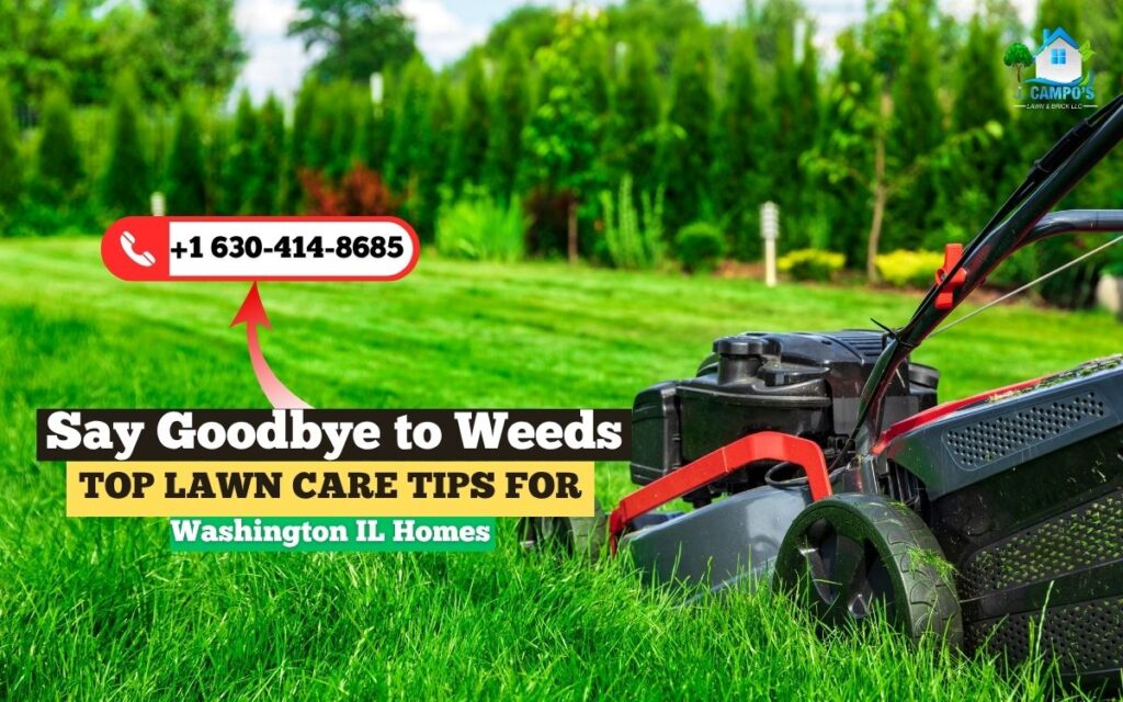 Lawn care service technician mowing a lawn in Washington IL